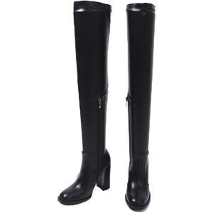 Women's Black 1 Thigh High Over The Knee Leather Heels Long Sexy Round Toe Boots